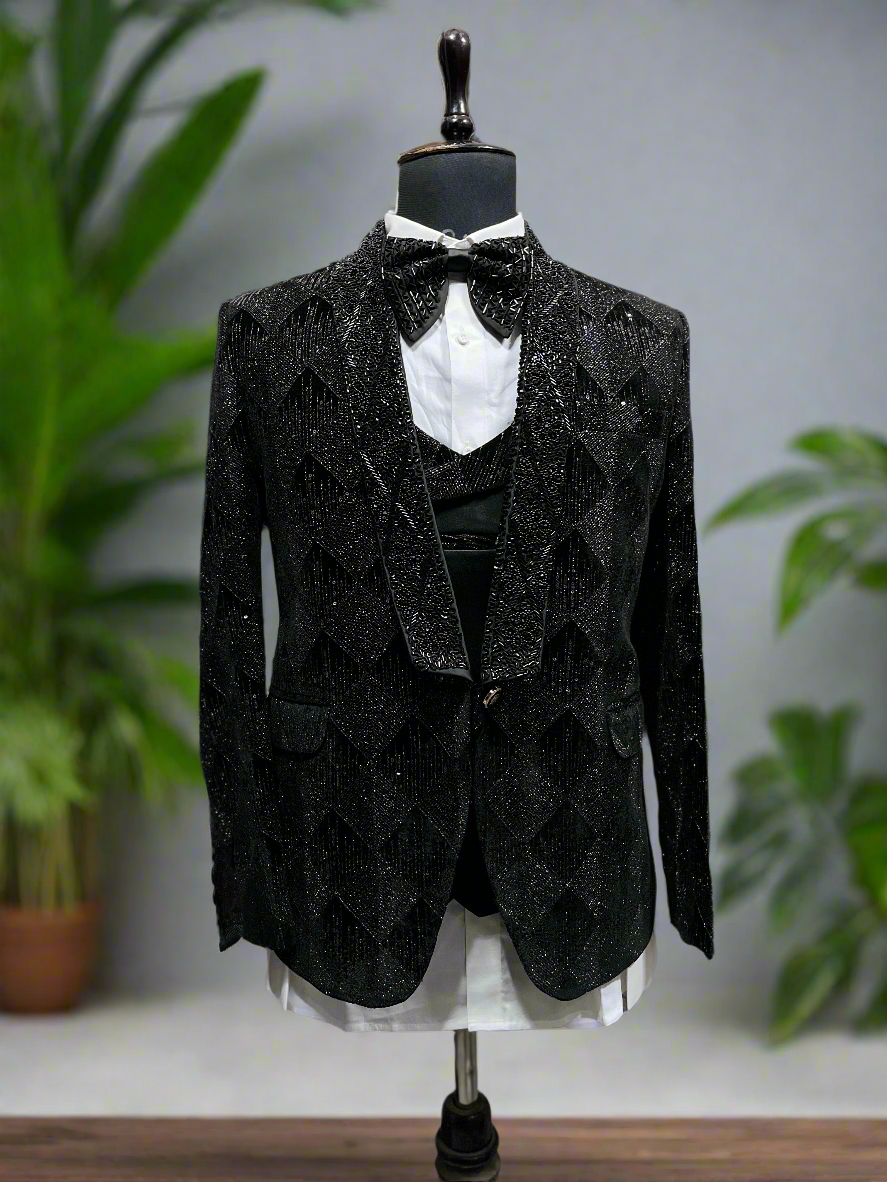 Men's Black Velvet Handcrafted Shawl Lapel Tuxedo Suit