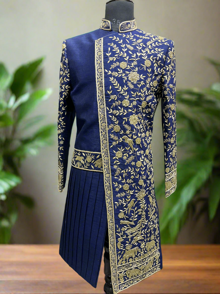 Men's Blue Handcrafted Golden Zardozi Work Draped Indo-western Set