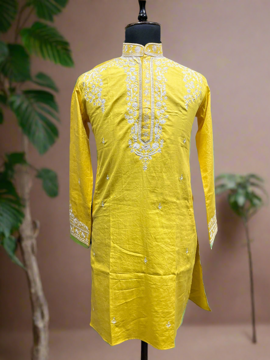 Men's Haldi Thread Embroidery Yellow Kurta Set