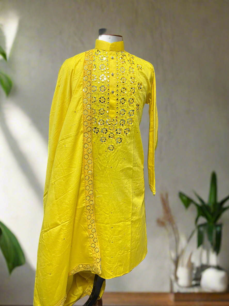 Men's Yellow Handcrafted Haldi Ceremony Mirror Kurta Set