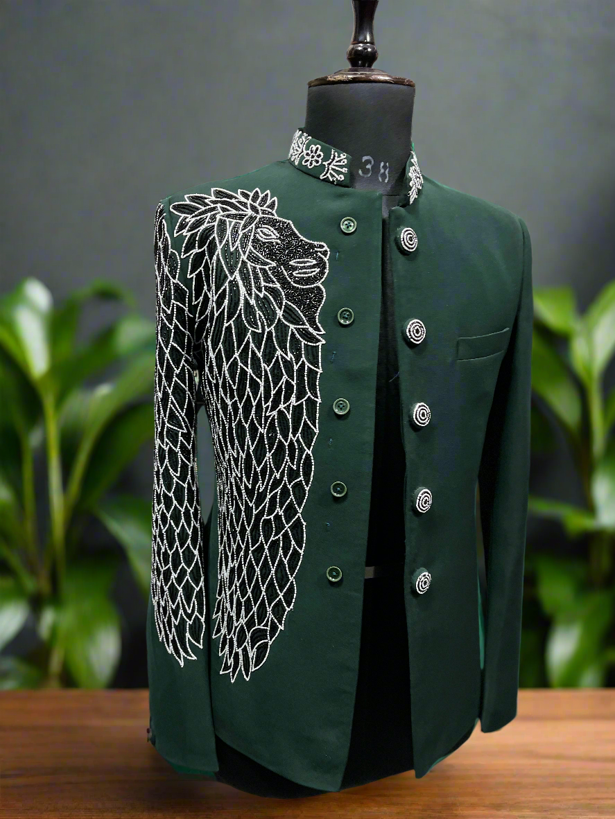 Men's Green Handcrafted Cut Work Embroidery Bandhgala Suit