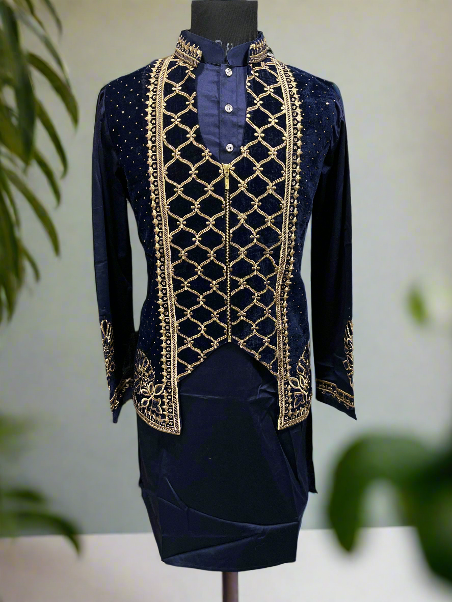 Men's Navy Blue Karan Aujla Handcrafted Zardozi Nehru Jacket Set