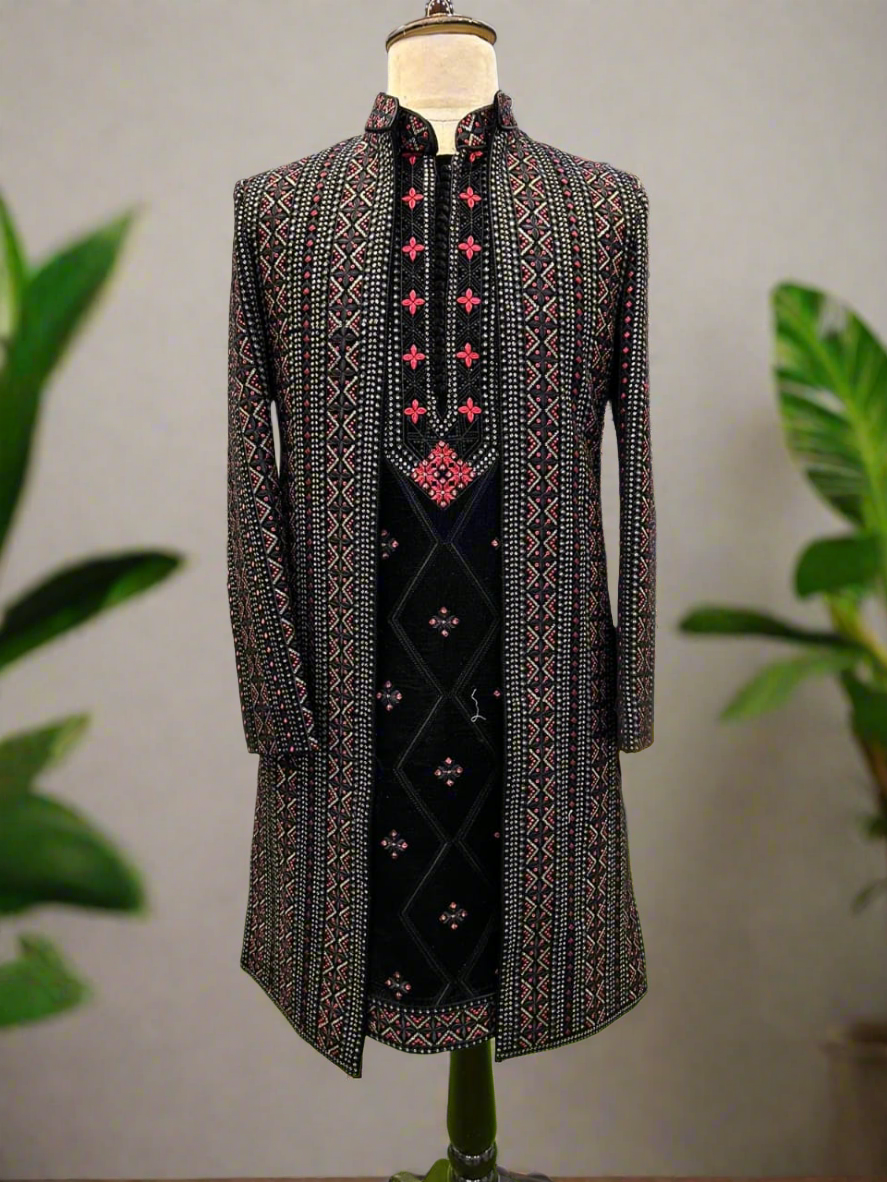 Men's Black With Multi Colour Thread Embroidery Open Indo-western Set