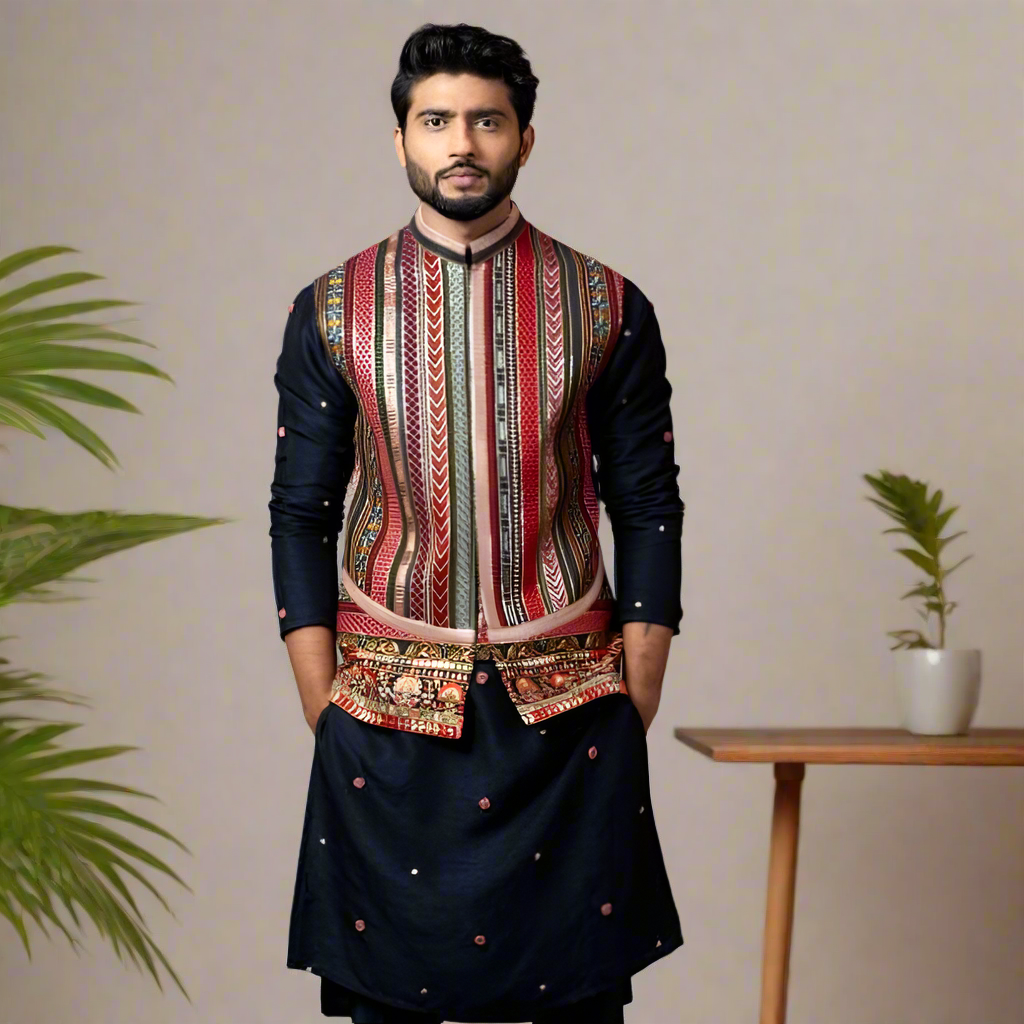 Men's  Navy Blue Multi Colour Embroidery Nehru Jacket Set