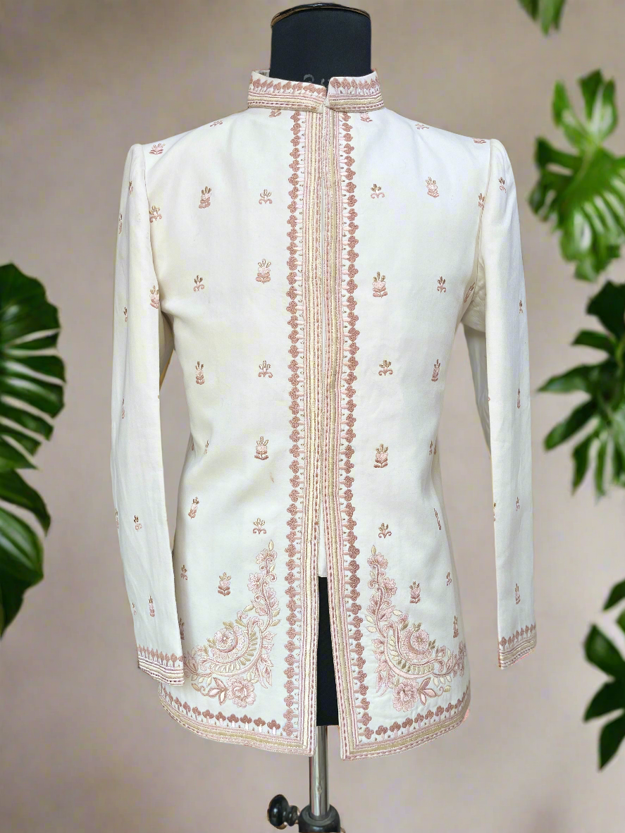 Men's Ivory Thread Embroidery Groom Bandhgala Suit