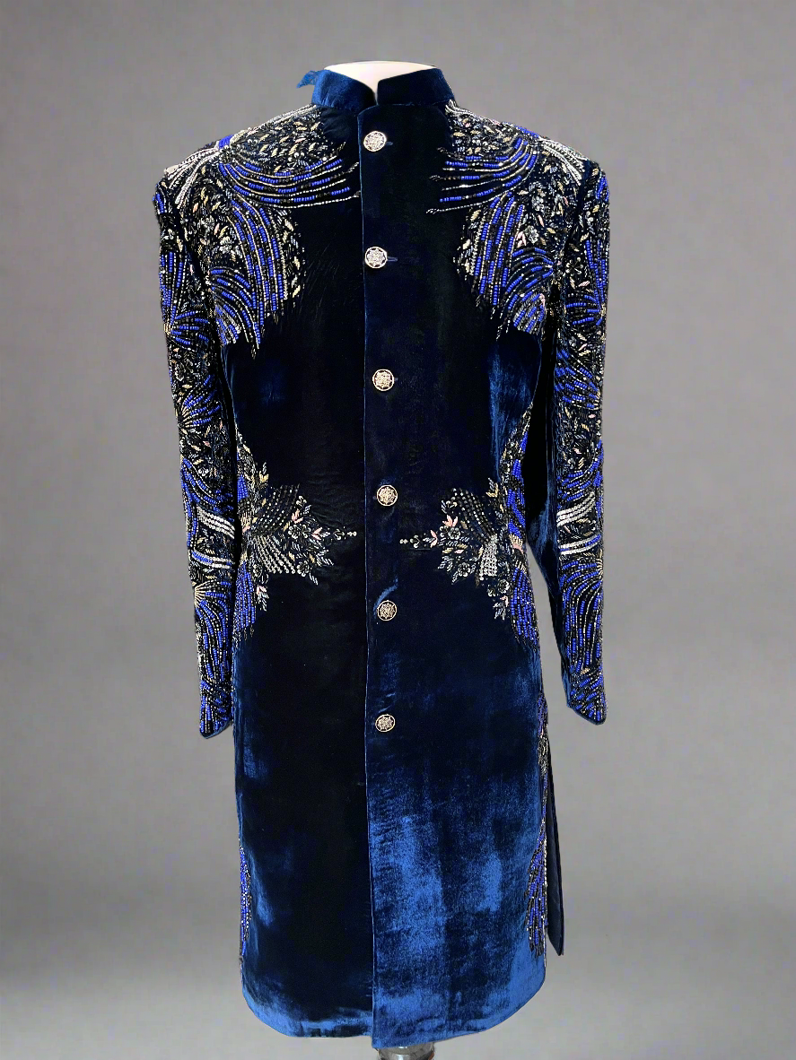 Men's Navy Blue Velvet Handcrafted Luxury Embellished Sherwani Set