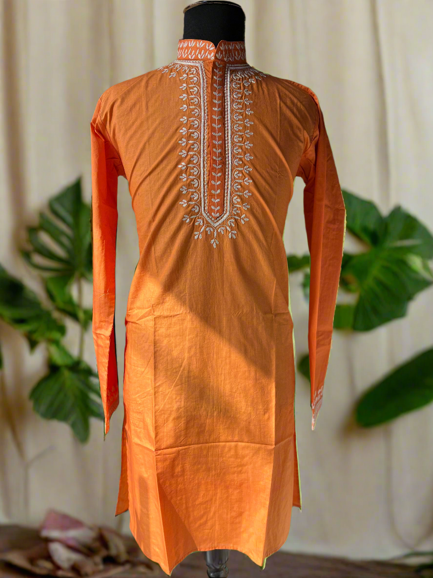 Men's Orange Neck Embroidery Cotton kurta Set