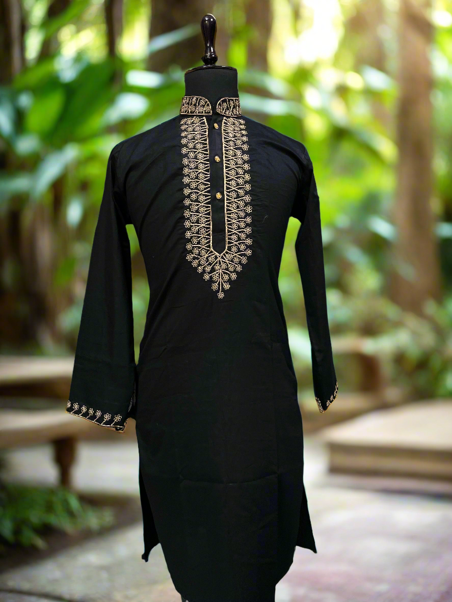 Men's Black Handcrafted Neck Design Kurta Set