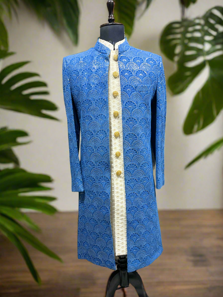 Men's Blue Lakhnavi Style Open Indo-western Set