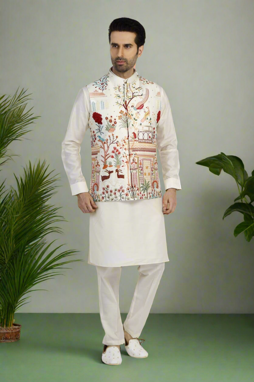 Men's Black and White Multi Colour Thread Embroidery Nehru Jacket Set