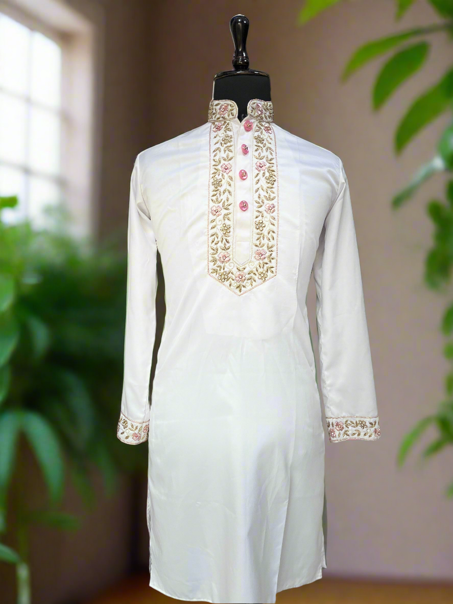 Men's White Handcrafted Zardozi Work Neck Embroidery Kurta Set