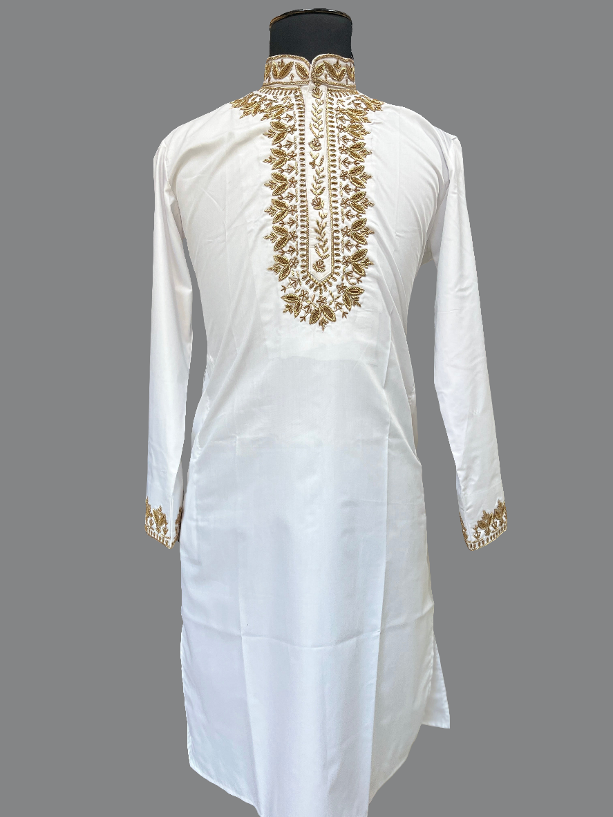 Men's White Handcrafted Neck Style Kurta Set