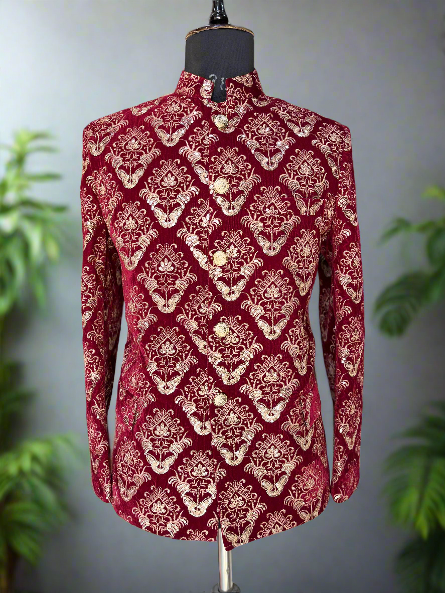 Men's Red Velvet Embroidery Jodhpuri Set