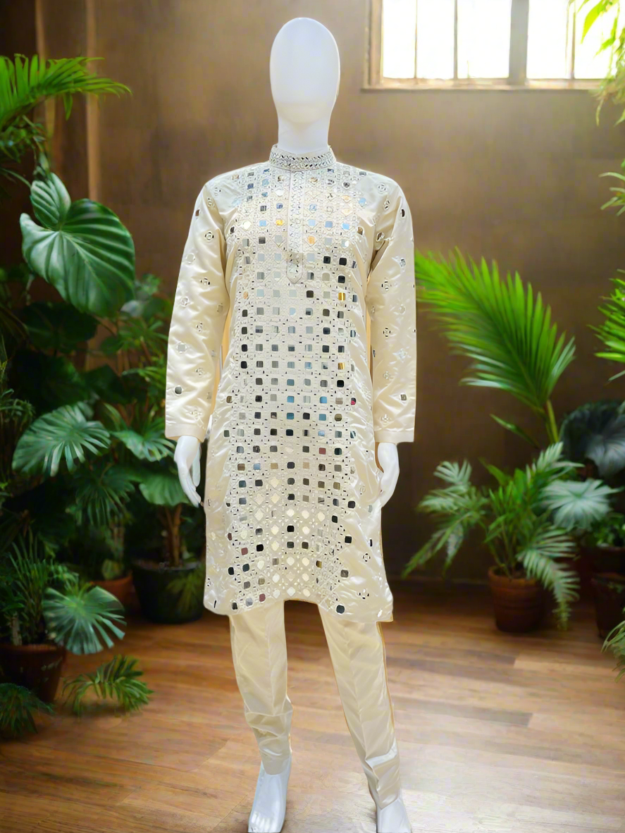 Men's Off White Abhinav Mishra Inspired real Mirror Kurta Set