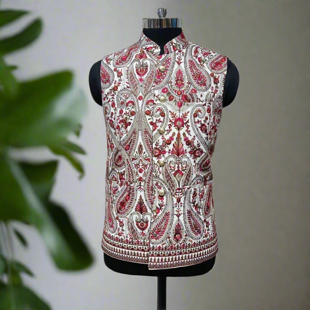 Men's white Kalamkari Embroidery Nehru Jacket