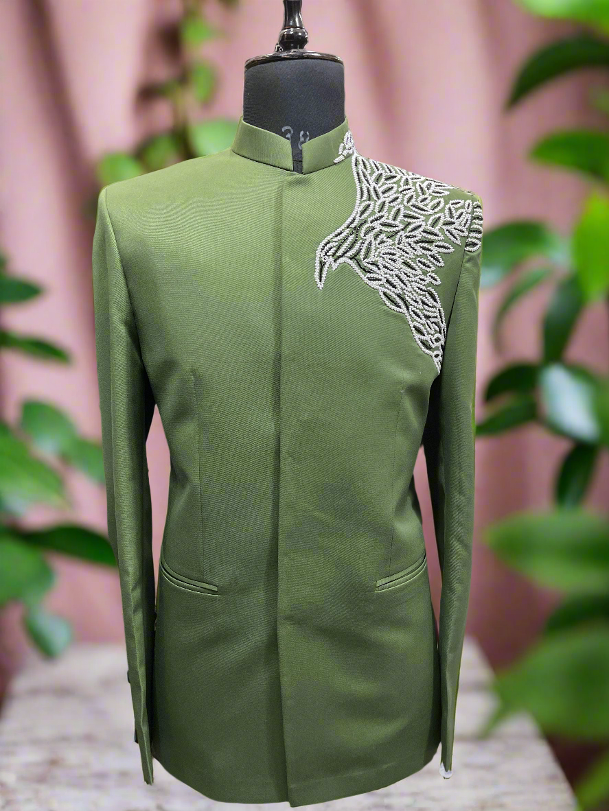 Men's Green Handcrafted Birds Embroidery Jodhpuri Set