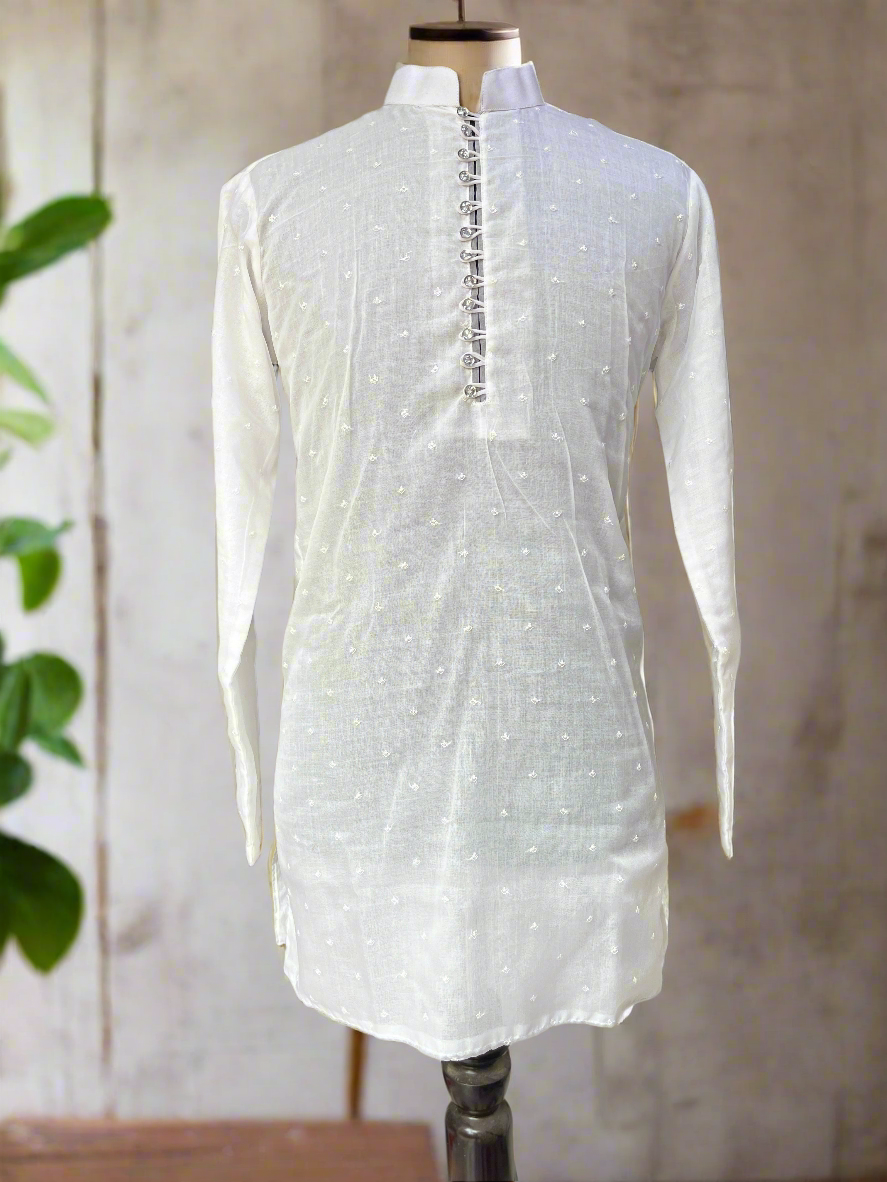 Traditional White Summer Kurta Set for Men with Delicate Butti Detailing