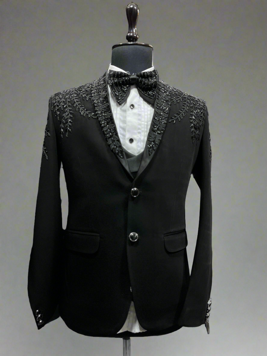 Men Black Handcrafted Cut dana Work  Shawl Lapel Tuxedo Suit