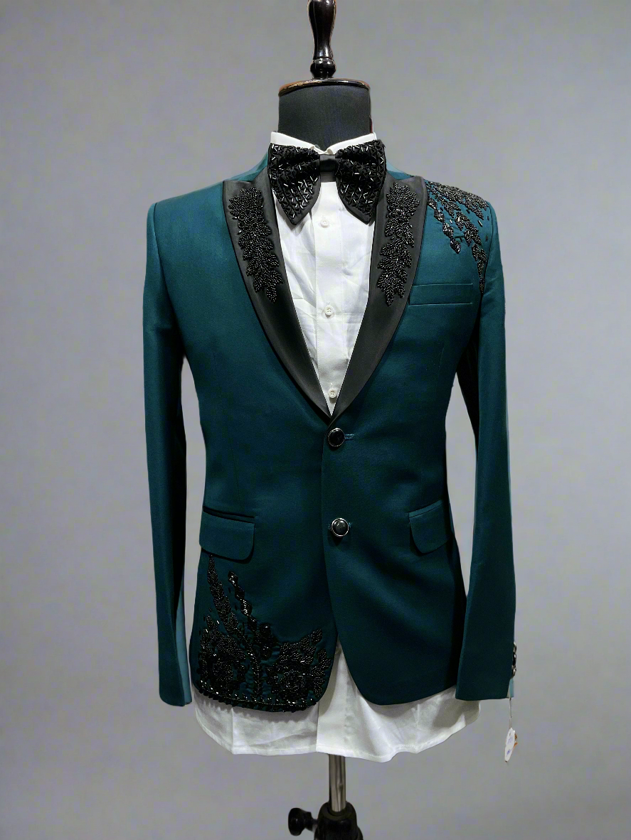 Men's  Handcrafted  Beads Work Peak Lapel Tuxedo Suit