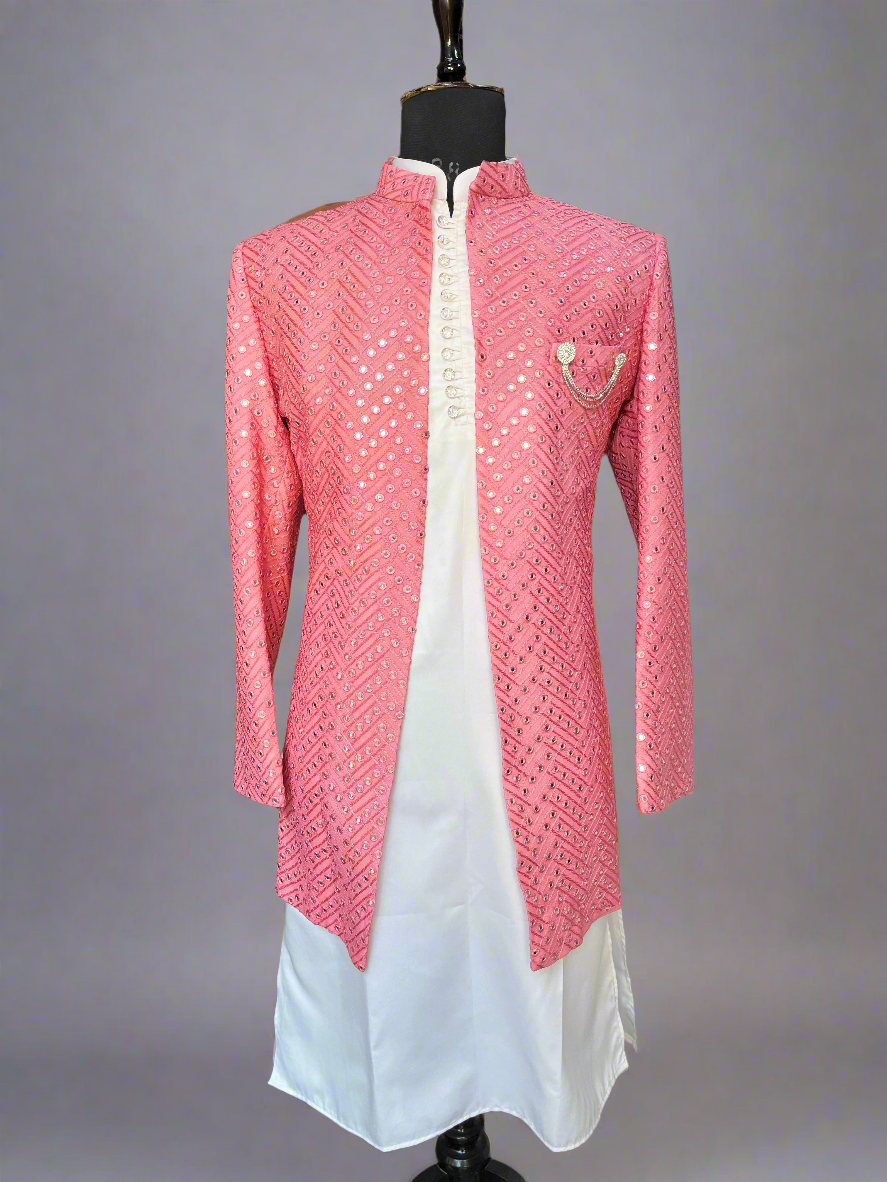 Men's Peach Fake Mirro Open Indowestern Set