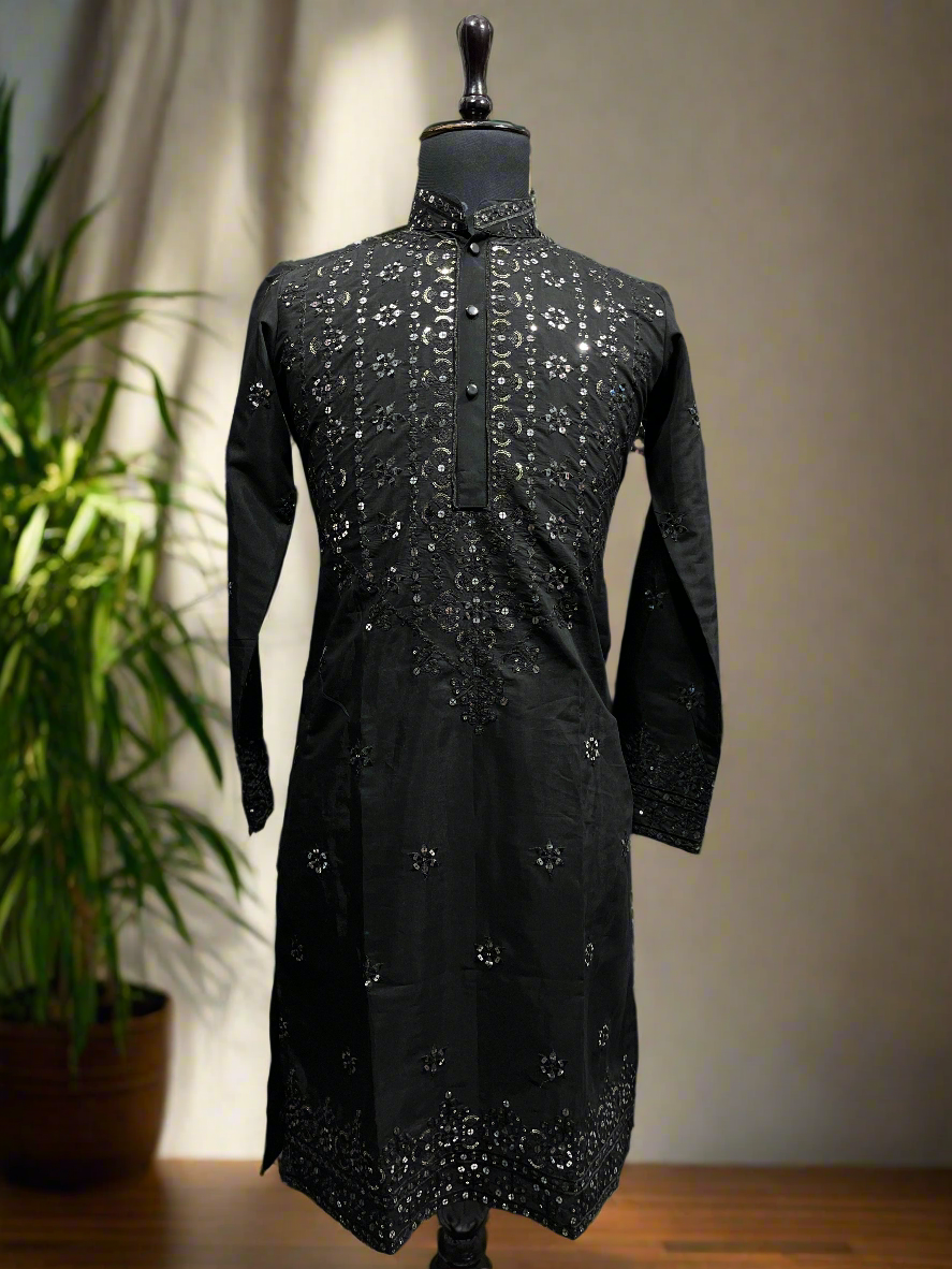 Men's Black Sequence Kurta Set