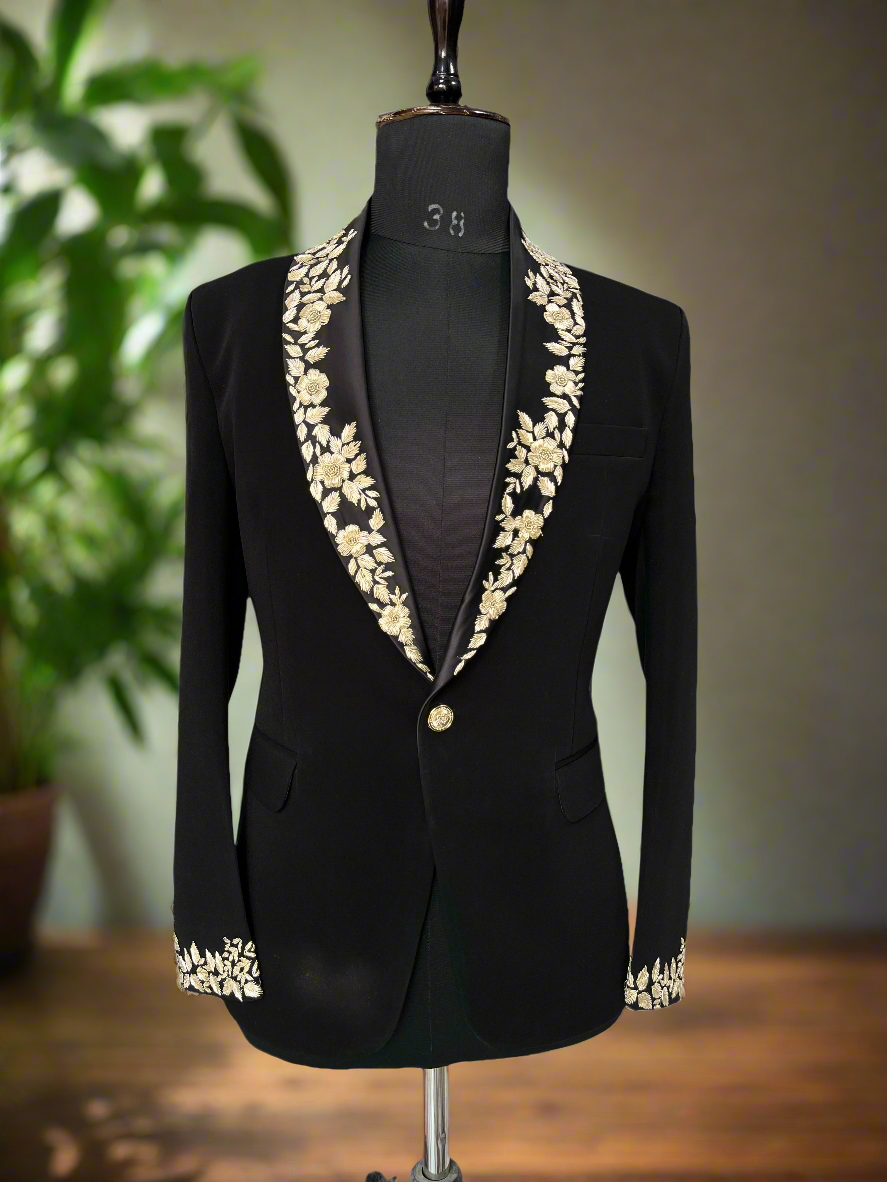 Men's Black Handcrafted Zardozi Work Shawl Lapel Tuxedo Suit