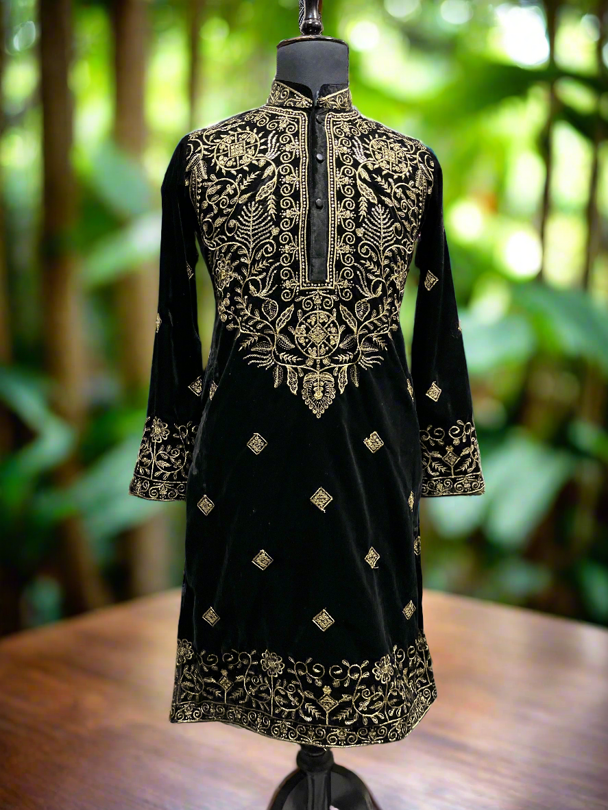 Men's Black Golden Embroidery kurta Set