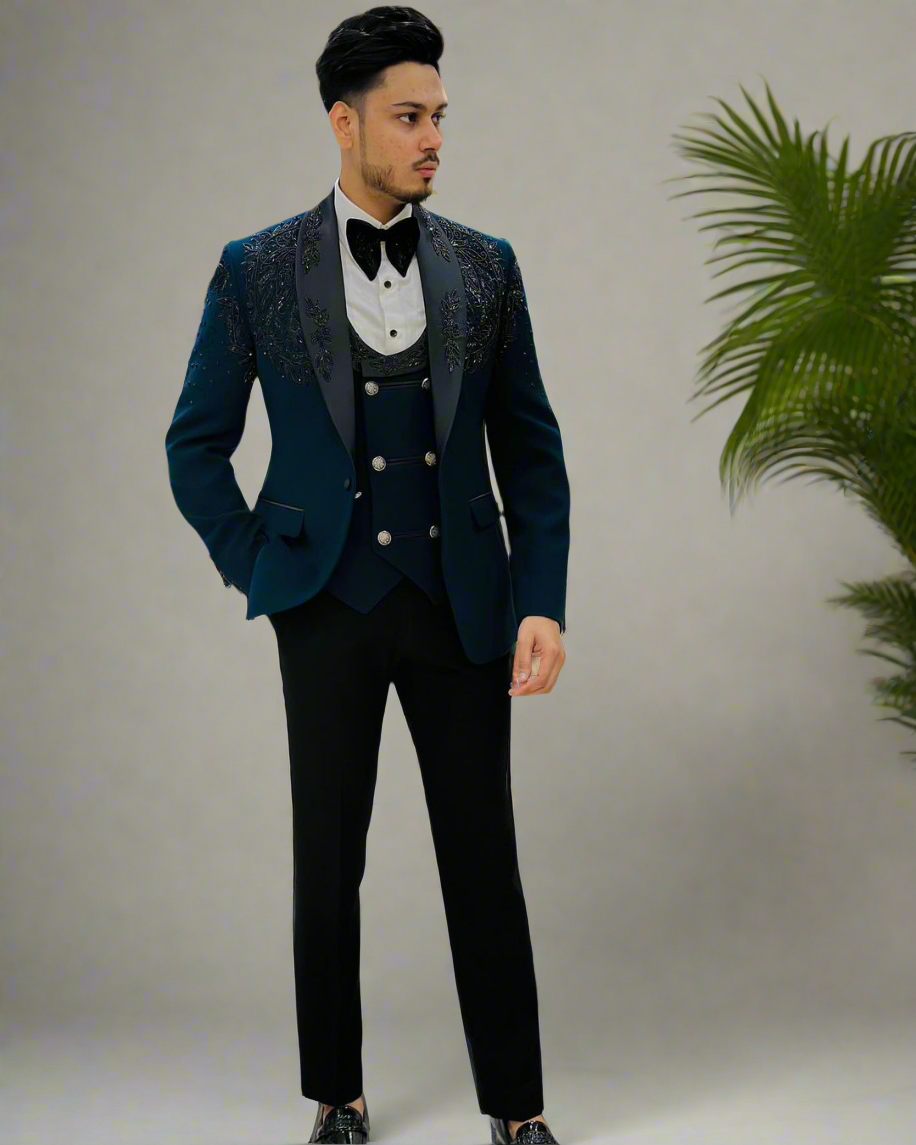 Men's  Teal Blue Handcrafted cut work Shawl Lapel Tuxedo Suit