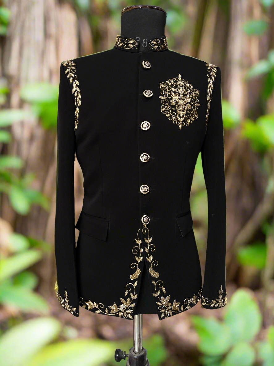 Men's Black Handcrafted Cut Work Bandhgala Suit