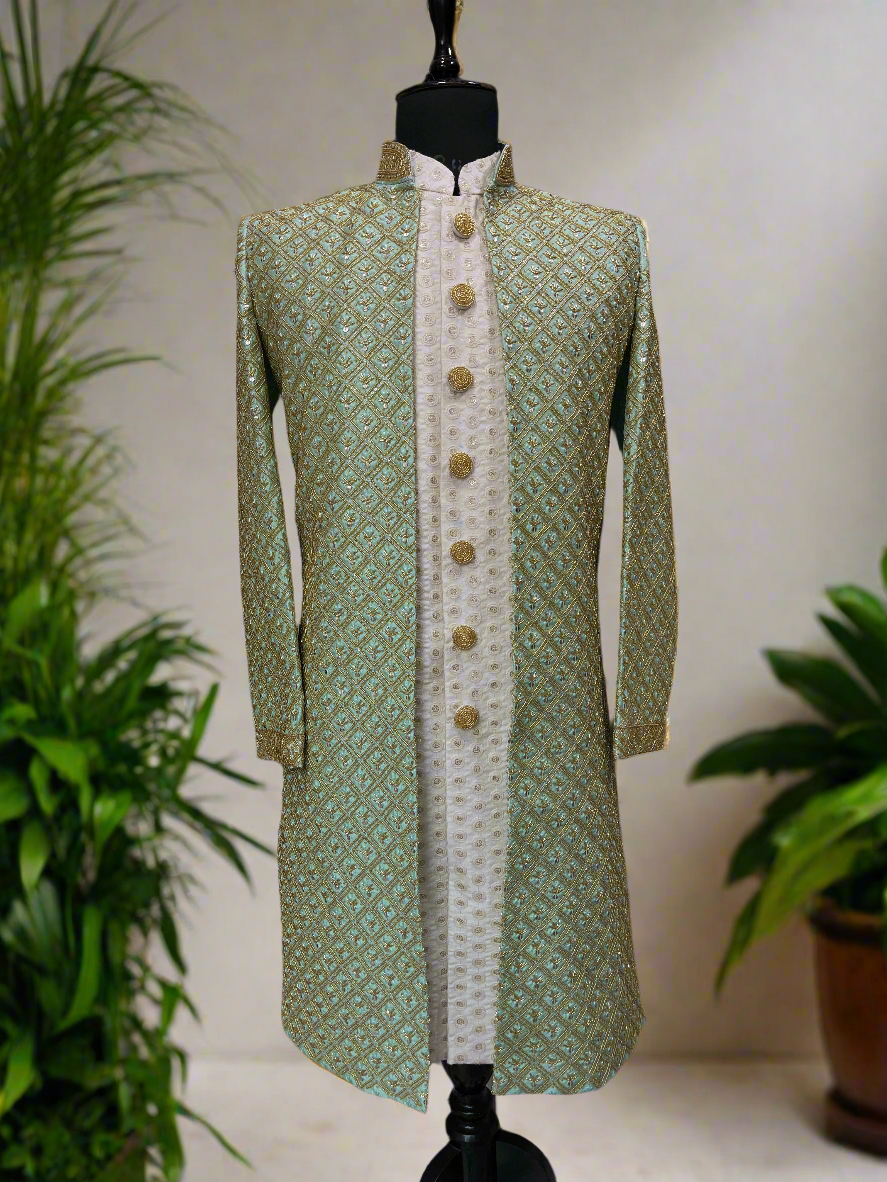 Men's Pista Handcrafted Golden Work Sherwani Set