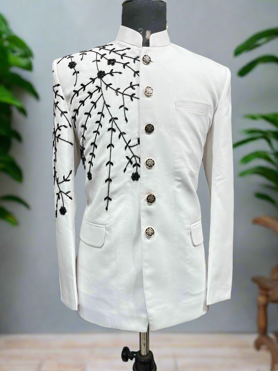 Men's White Handcrafted Cut Work Embroidery Jodhpuri Set