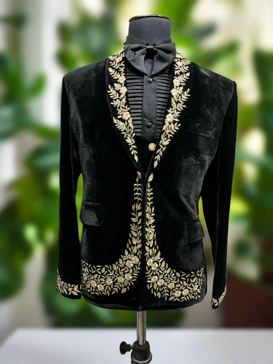 Men's Black Velvet Handcrafted Zardozi Work Shawl Lapel Tuxedo Suit