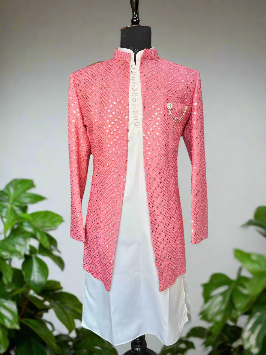 Men's Peach Fake Mirro Open Indowestern Set