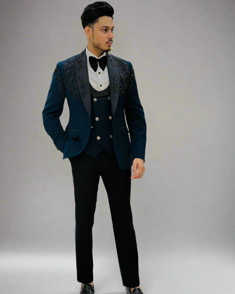 Men's  Teal Blue Handcrafted cut work Shawl Lapel Tuxedo Suit