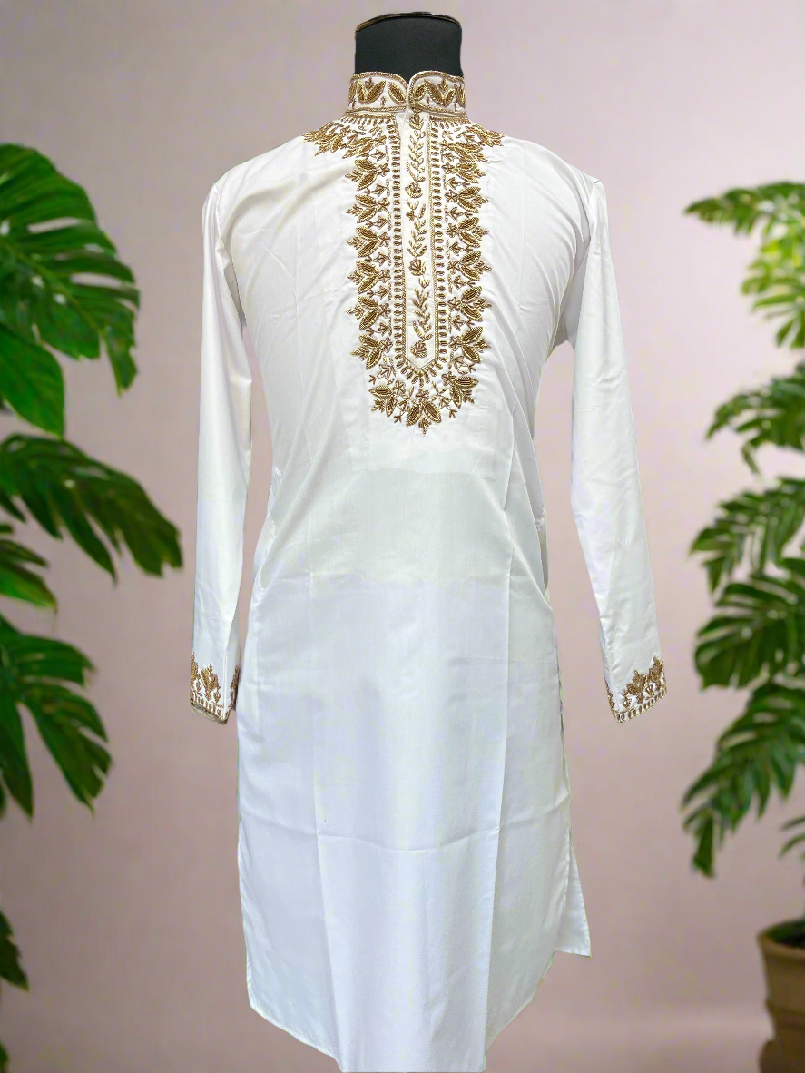 Men's White Handcrafted Neck Style Kurta Set