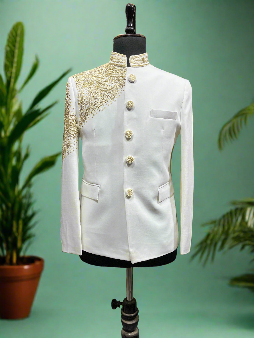 Men's Ivory Handcrafted Zardozi & Beads Work Bandhgala Suit