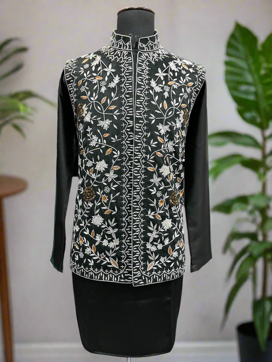 Men's Black Handcrafted Mix Work Nehru Jacket Set