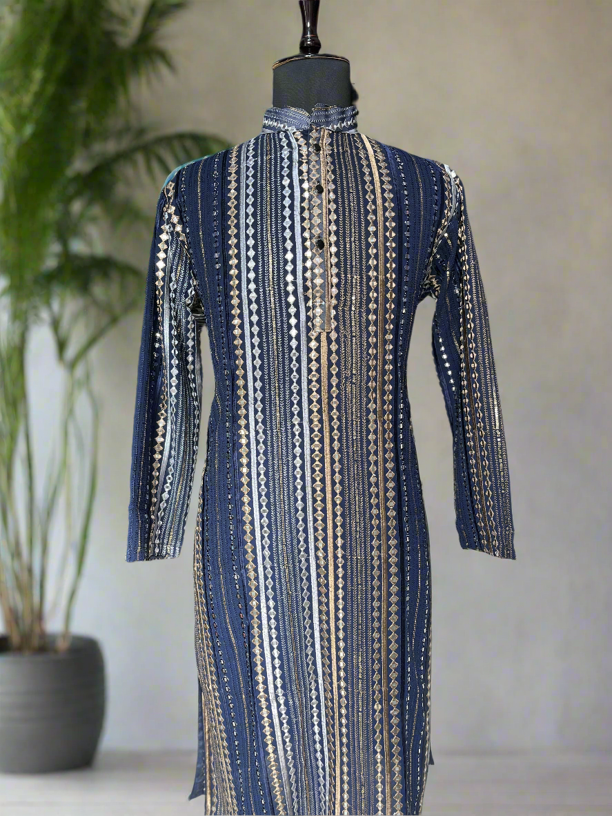 Mens Navy Blue Mirror Strips Design Kurta Set