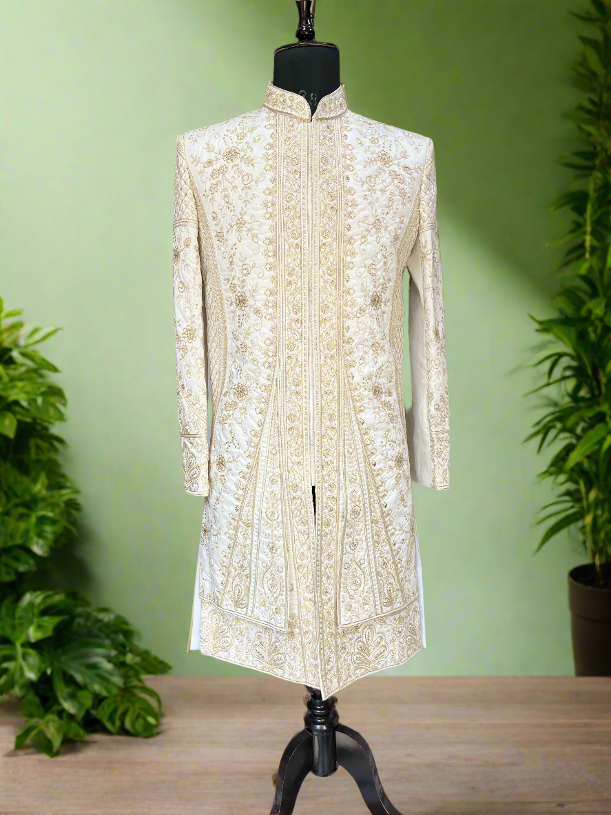 Men's Ivory Handcrafted Zardozi Work  Sherwani Set