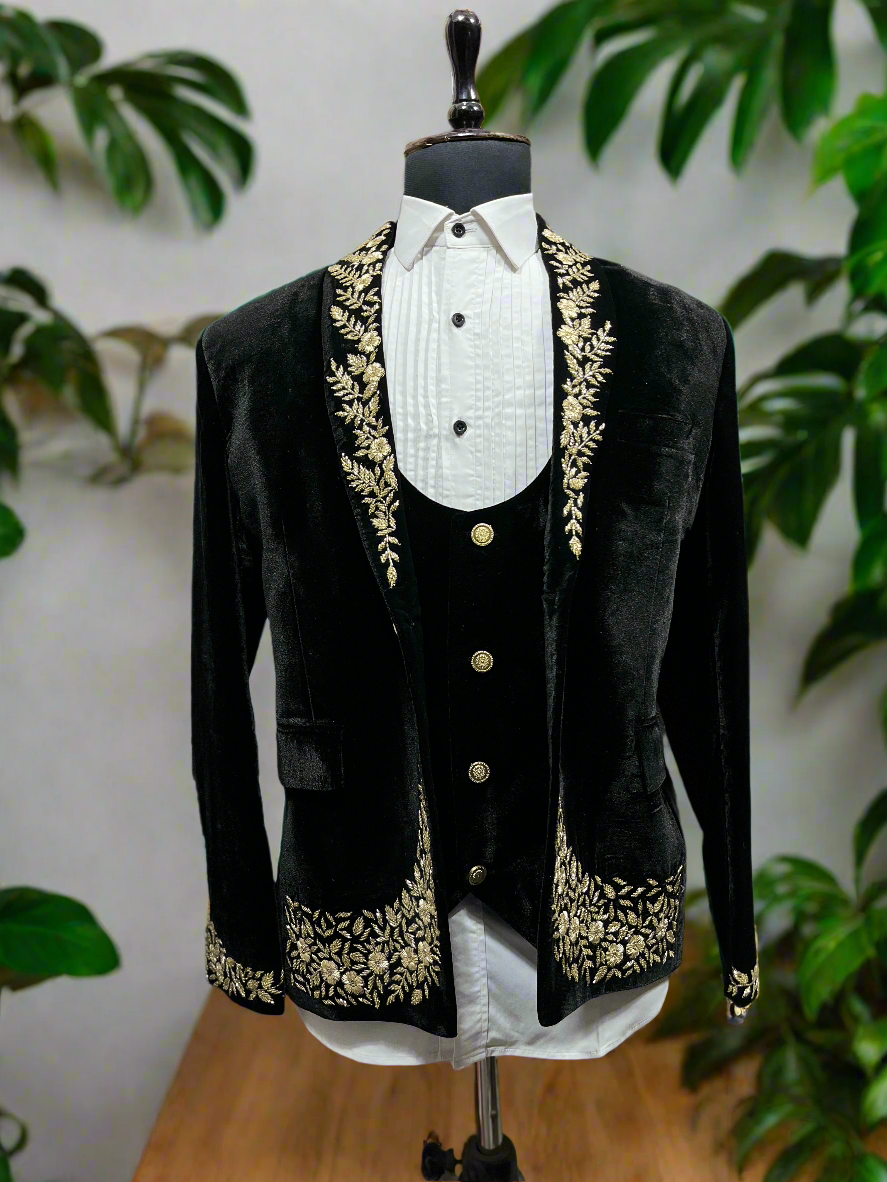 Men's Black Velvet Handcrafted Zardozi Work Shawl Lapel Tuxedo Suit