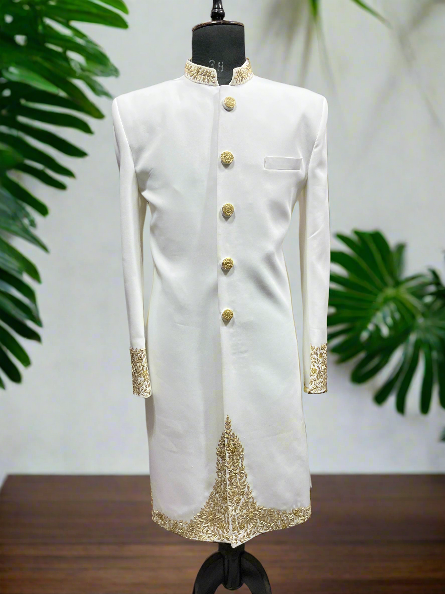 Men's Ivory Handcrafted Zardozi Work Groom Sherwani Set