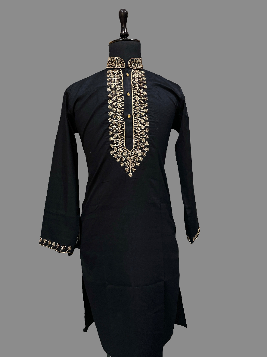 Men's Black Handcrafted Neck Design Kurta Set