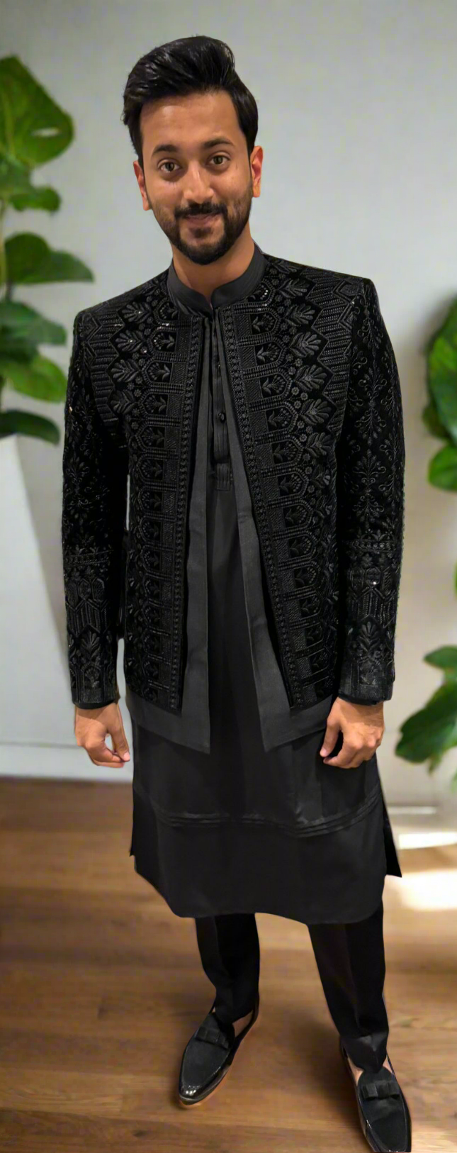 Men's Black Double Layer Style Open Shrug Set