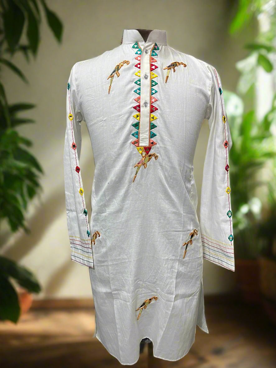 Men's White Handcrafted Popad Real Mirror Kurta Set