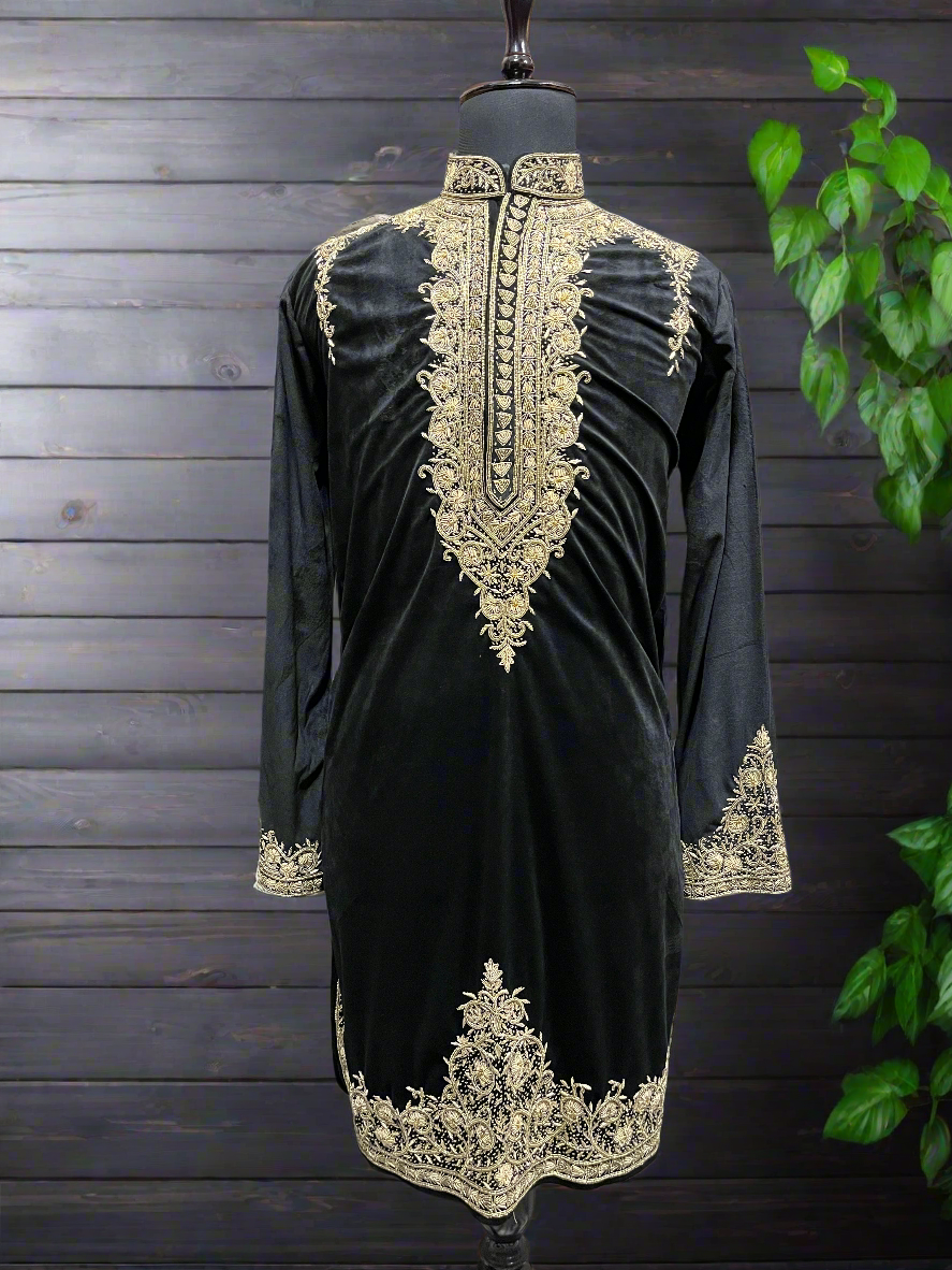 Men's Black Handcrafted Zardozi Work Stylish Kurta Set