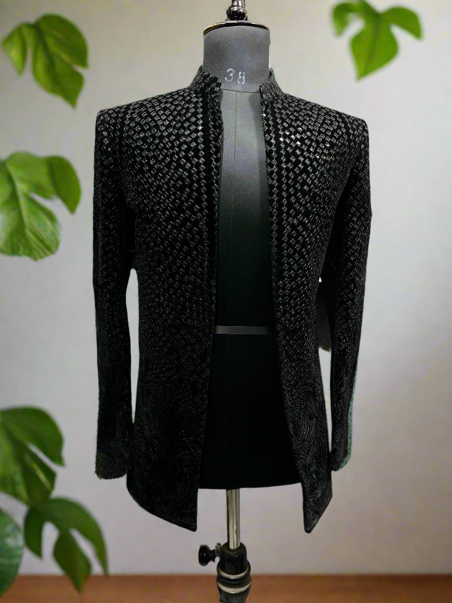 Men's Black Velvet Embroidery open Shrug