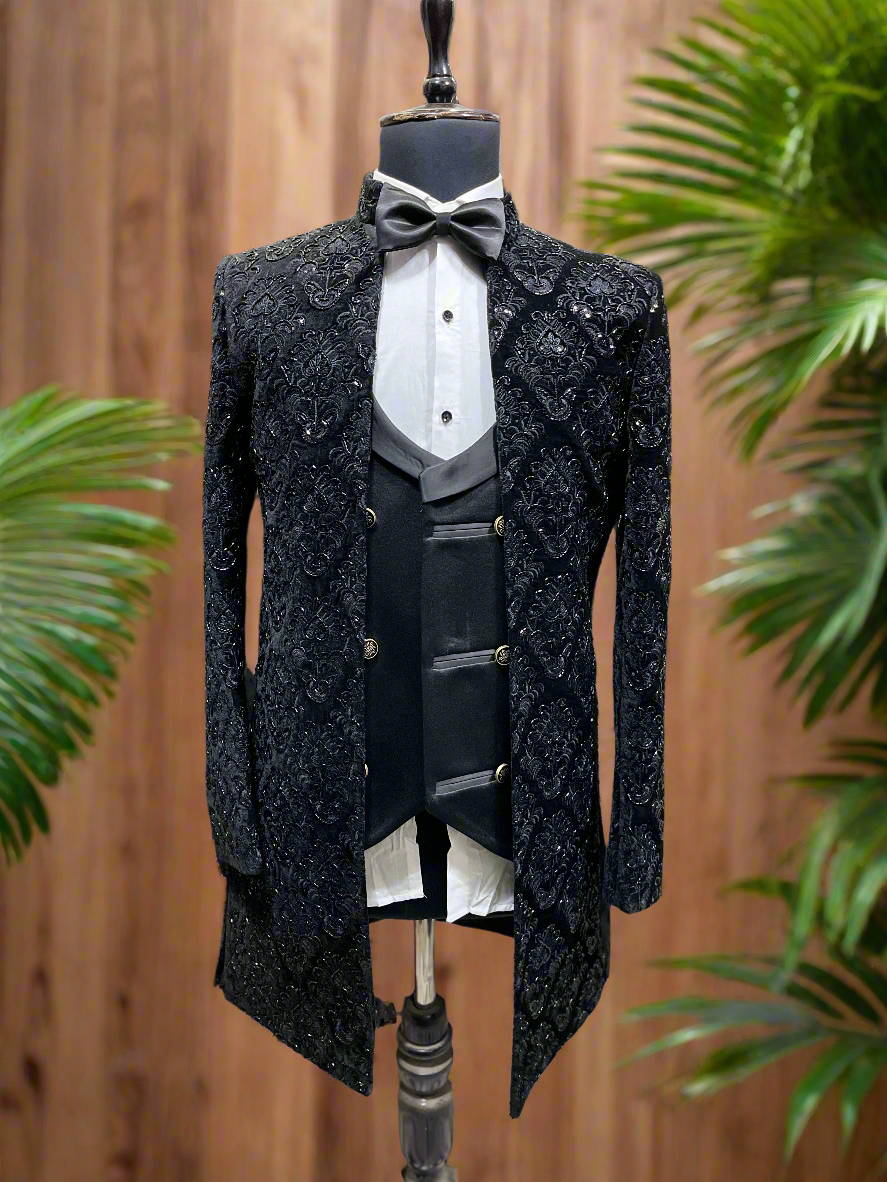 Men's Black Handcrafted Western Style Long Jacket Tuxedo Suit