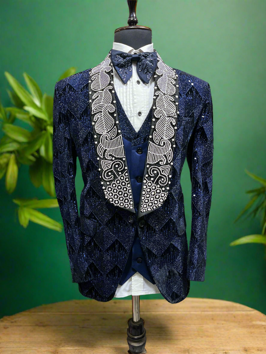 Men's Navy Blue Broad Shawl Lapel Handcrafted Tuxedo Suit