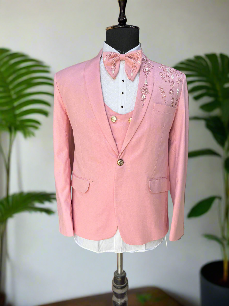 Men's Pink Handcrafted Zardozi Work Shawl Lapel Tuxedo Suit