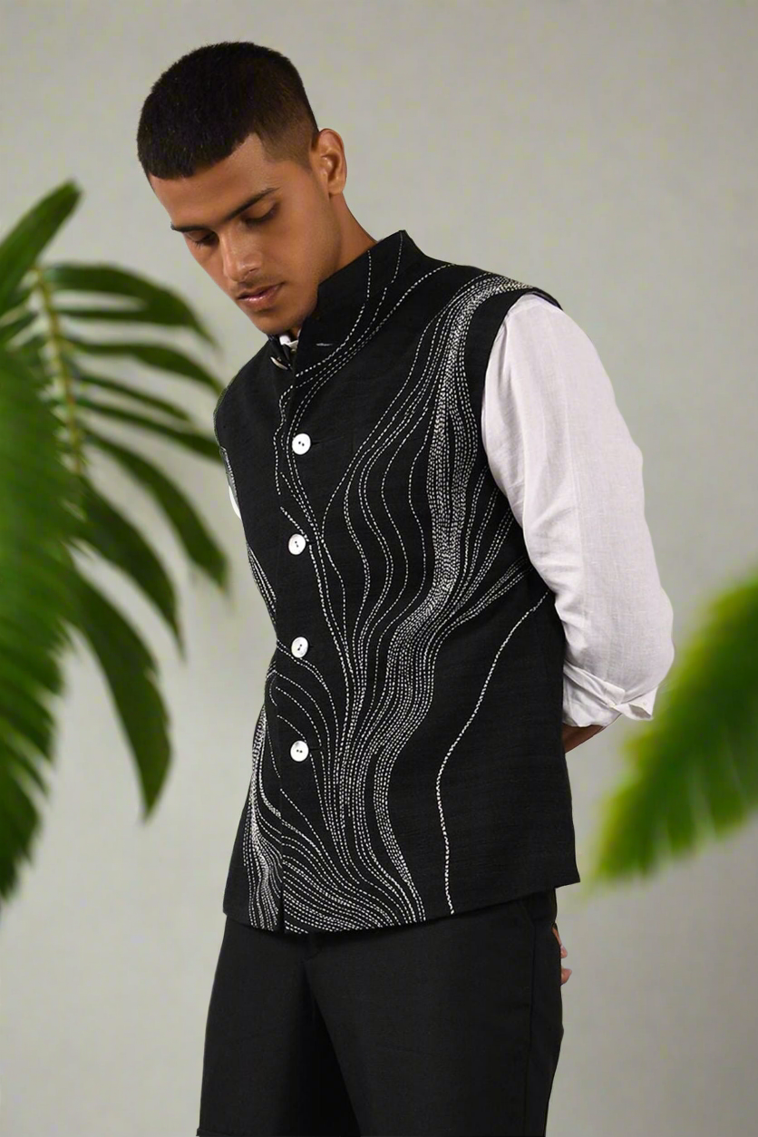 Men's Black Handcrafted Nehru Jacket Set